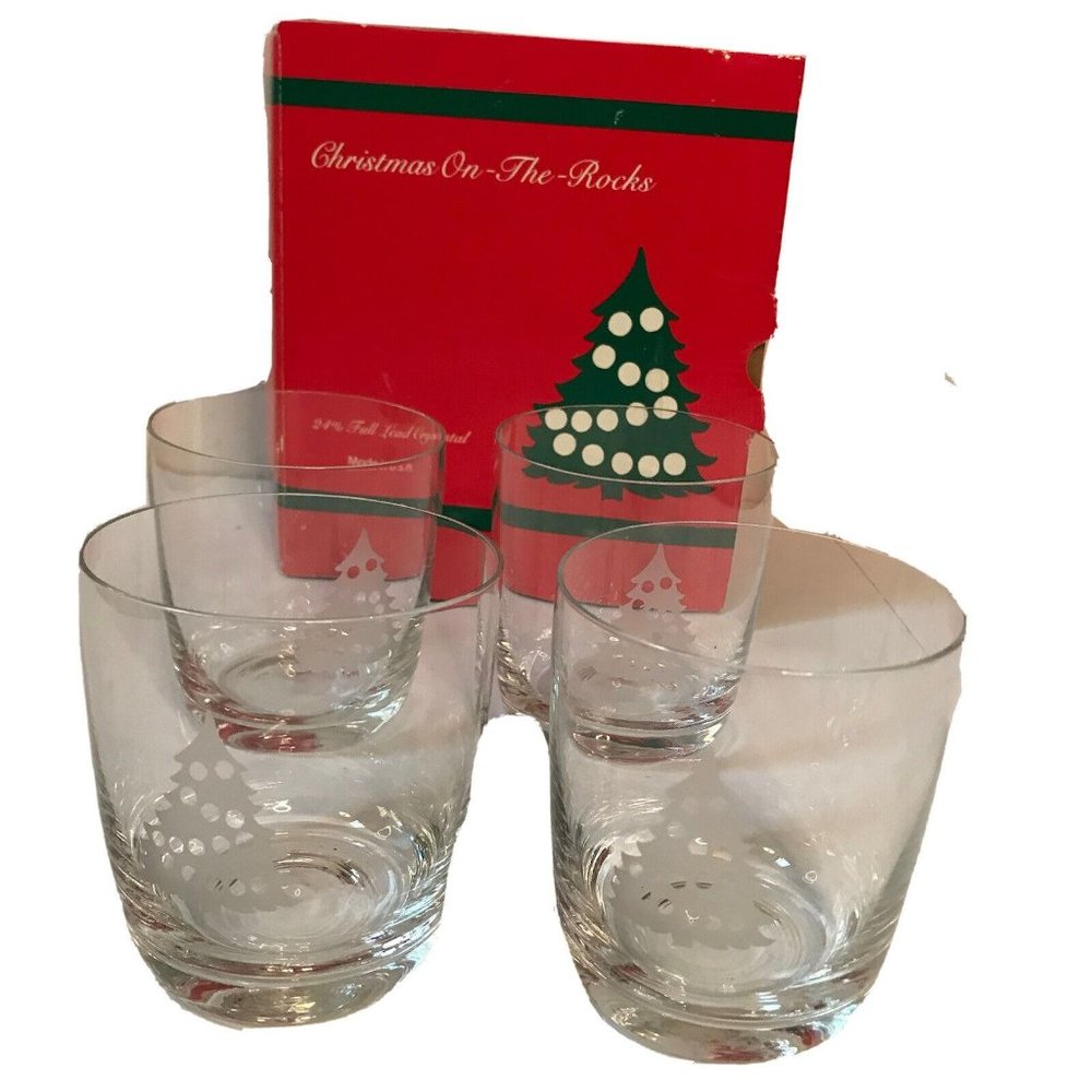 St. George Crystal tumblers set of 4 Christmas On-The-Rocks‎ Xmas tree decor 4"